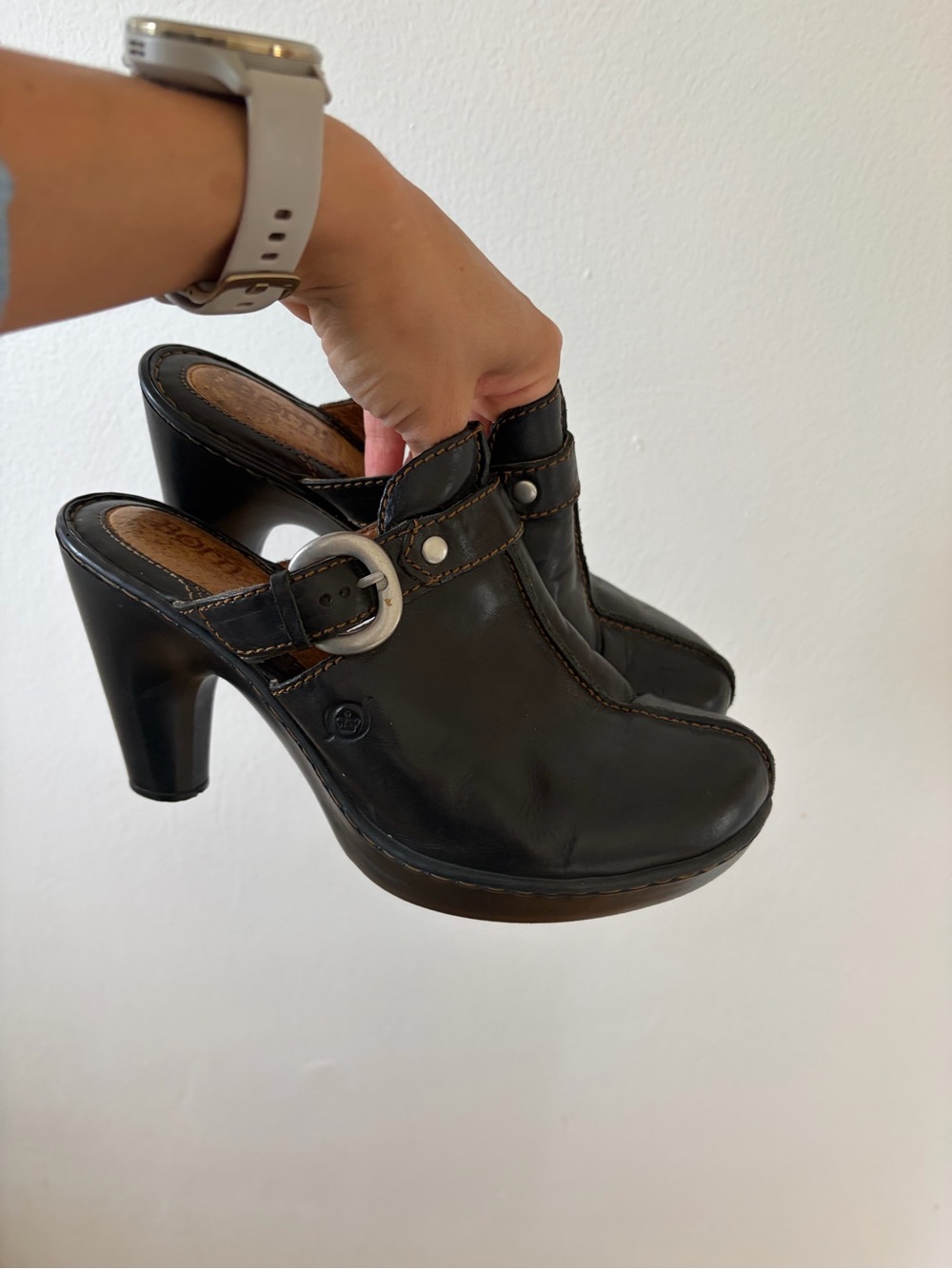 Born Black Leather Buckle Clog Heels